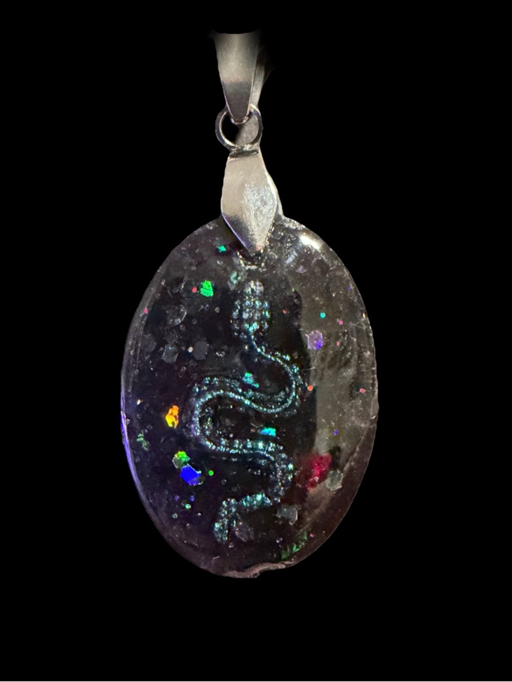 Handmade Black Snake Pendant Necklace - Iridescent Accent